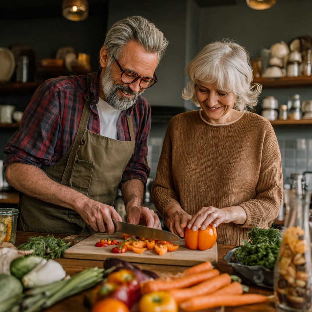 Mature adults enjoying healthy meal preparation together