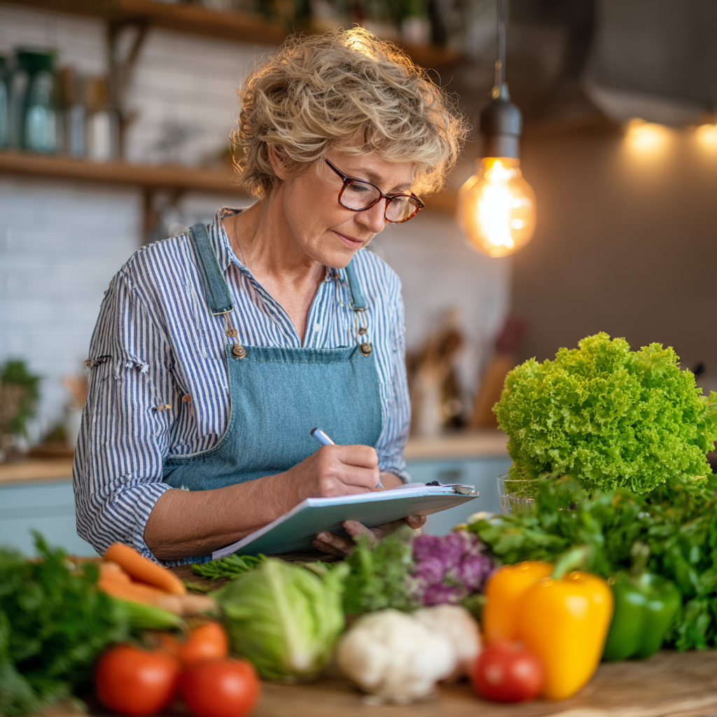 Middle-aged woman planning healthy meals with fresh vegetables